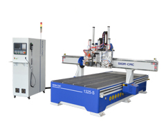 Pneumatic CNC router with saw and horizontal spindle
